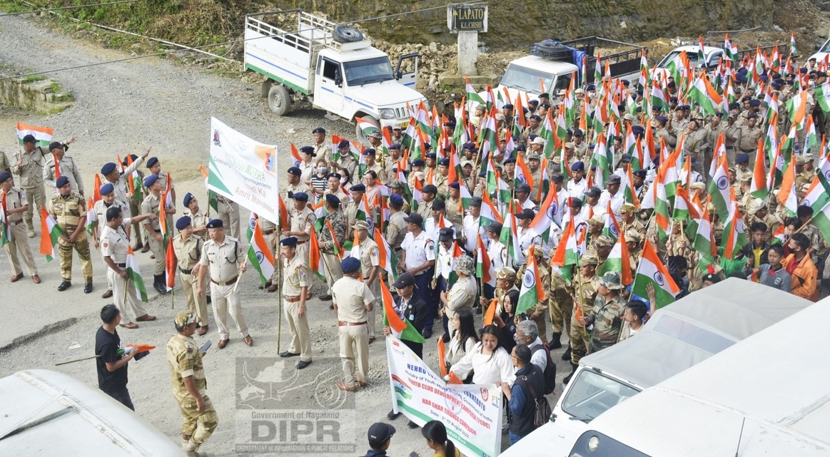 Prabhat Pheri as part of "liar Ghar Tiranga" campaign was held at Satakha town Zunheboto district on 10th August 2022. (IA Zunheboto) 