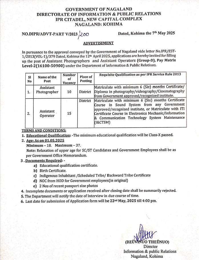 Advertisement of Assistant Photographer and Assistant Operators